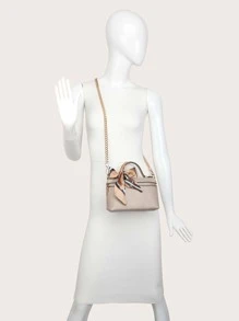 1pc Snake-Printed Solid Color Simple Small Handbag With Silk Scarf, Suitable For Daily Use - Apricot - View 4