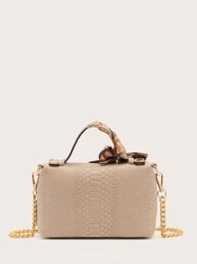 1pc Snake-Printed Solid Color Simple Small Handbag With Silk Scarf, Suitable For Daily Use - Apricot - View 5