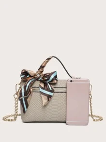 1pc Snake-Printed Solid Color Simple Small Handbag With Silk Scarf, Suitable For Daily Use - Apricot - View 6