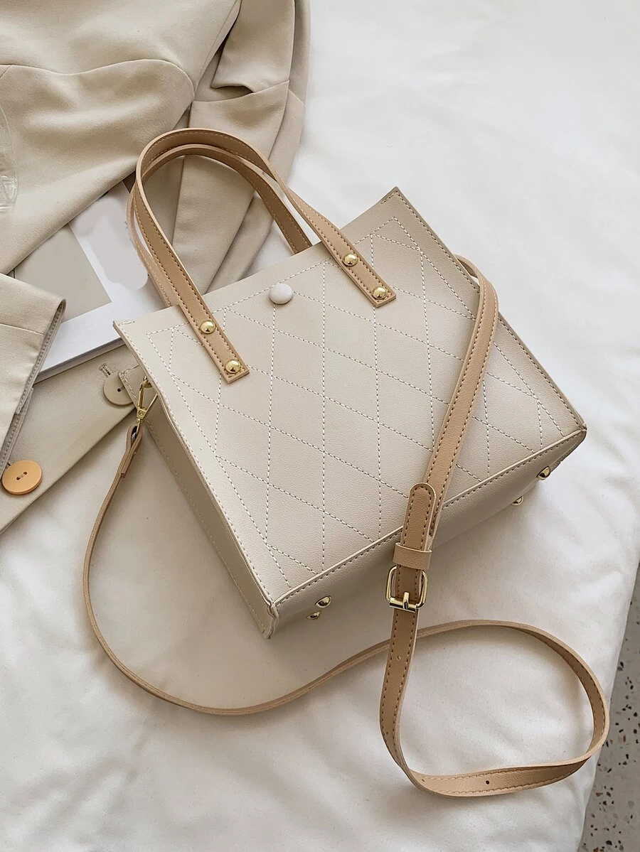 Minimalist Stitch Detail Square Bag - Beige - View 1