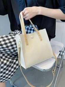 Minimalist Stitch Detail Square Bag - Beige - View 3
