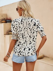SHEIN Clasi Allover Print Puff Sleeve Blouse - Khaki - View 2
