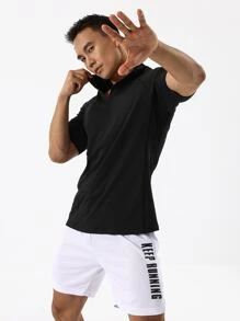 Manfinity Fitness Camiseta deportiva de cuarto de cremallera para hombres, tops para hacer ejercicio, tops para el gimnasio, camiseta de compresión transpirable - Negro - Ver 3