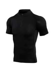 Manfinity Fitness Camiseta deportiva de cuarto de cremallera para hombres, tops para hacer ejercicio, tops para el gimnasio, camiseta de compresión transpirable - Negro - Ver 1