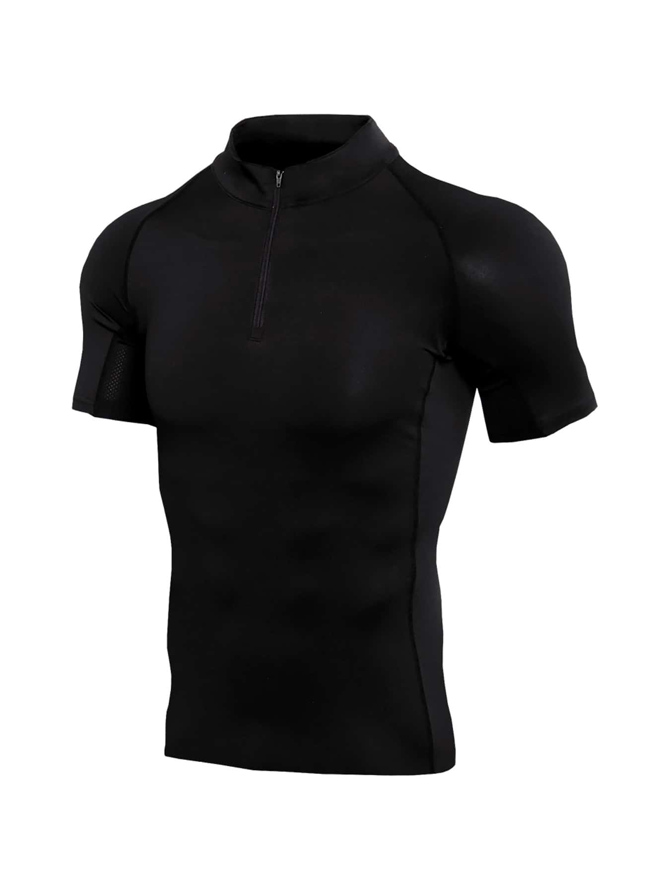 Manfinity Fitness Camiseta deportiva de cuarto de cremallera para hombres, tops para hacer ejercicio, tops para el gimnasio, camiseta de compresión transpirable - Negro - Ver 1