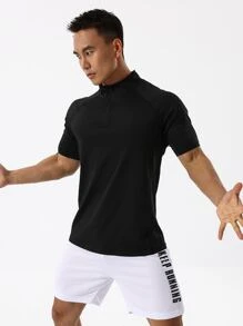 Manfinity Fitness Camiseta deportiva de cuarto de cremallera para hombres, tops para hacer ejercicio, tops para el gimnasio, camiseta de compresión transpirable - Negro - Ver 4