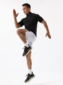 Manfinity Fitness Camiseta deportiva de cuarto de cremallera para hombres, tops para hacer ejercicio, tops para el gimnasio, camiseta de compresión transpirable - Negro - Ver 6