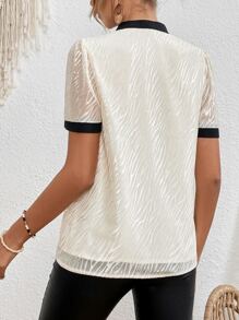 SHEIN Frenchy Contrast Trim Notched Neck Contrast Binding Blouse - Beige - View 2