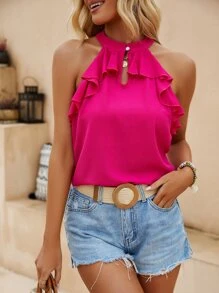 SHEIN VCAY Ruffle Trim Halter Neck Blouse - Hot Pink - View 1