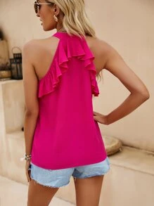 SHEIN VCAY Ruffle Trim Halter Neck Blouse - Hot Pink - View 2