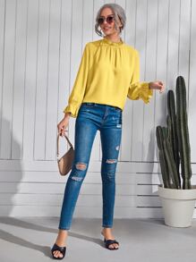 SHEIN Clasi Blusa ribete fruncido de manga campana - Amarillo - Ver 5