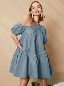 SHEIN Privé Asymmetrical Neck Puff Sleeve Ruffle Hem Smock Dress - Dusty Blue - View 3