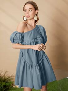 SHEIN Privé Asymmetrical Neck Puff Sleeve Ruffle Hem Smock Dress - Dusty Blue - View 4