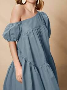 SHEIN Privé Asymmetrical Neck Puff Sleeve Ruffle Hem Smock Dress - Dusty Blue - View 5