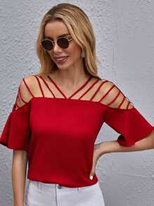 SHEIN Clasi 條帶細節素色上衣 - 玫瑰紅 - 查看 1