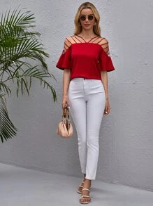 SHEIN Clasi 條帶細節素色上衣 - 玫瑰紅 - 查看 5