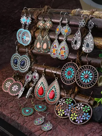 TopHanqi 12pairs Vintage Bohemian Style Water Drop Circle Flower Dangle Earrings For Women Valentines