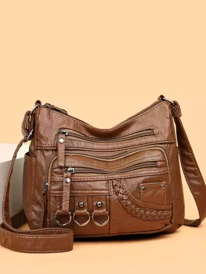 Fritids-retro crossbody-väska med flera fickor, hopfällbar och bärbar punkbrun PU-mammaväska med stor kapacitet