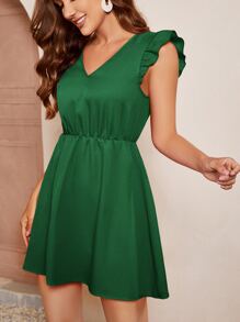 SHEIN Clasi V領蝴蝶袖A字連衣裙 - 綠色 - 查看 3