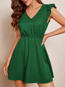 SHEIN Clasi V領蝴蝶袖A字連衣裙 - 綠色 - 查看 4