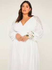 SHEIN Belle Plus Lace Panel Tie Backless Wedding Dress - White - View 7