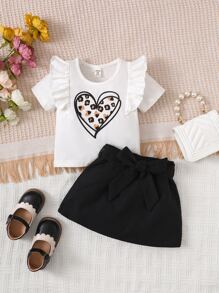 Baby Heart Print Ruffle Trim Tee & Belted Skirt - Black and White - View 3