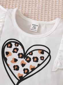 Baby Heart Print Ruffle Trim Tee & Belted Skirt - Black and White - View 4