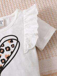 Baby Heart Print Ruffle Trim Tee & Belted Skirt - Black and White - View 5