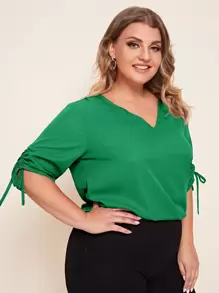 EMERY ROSE Plus V-neck Drawstring Ruched Sleeve Top - Green - View 1