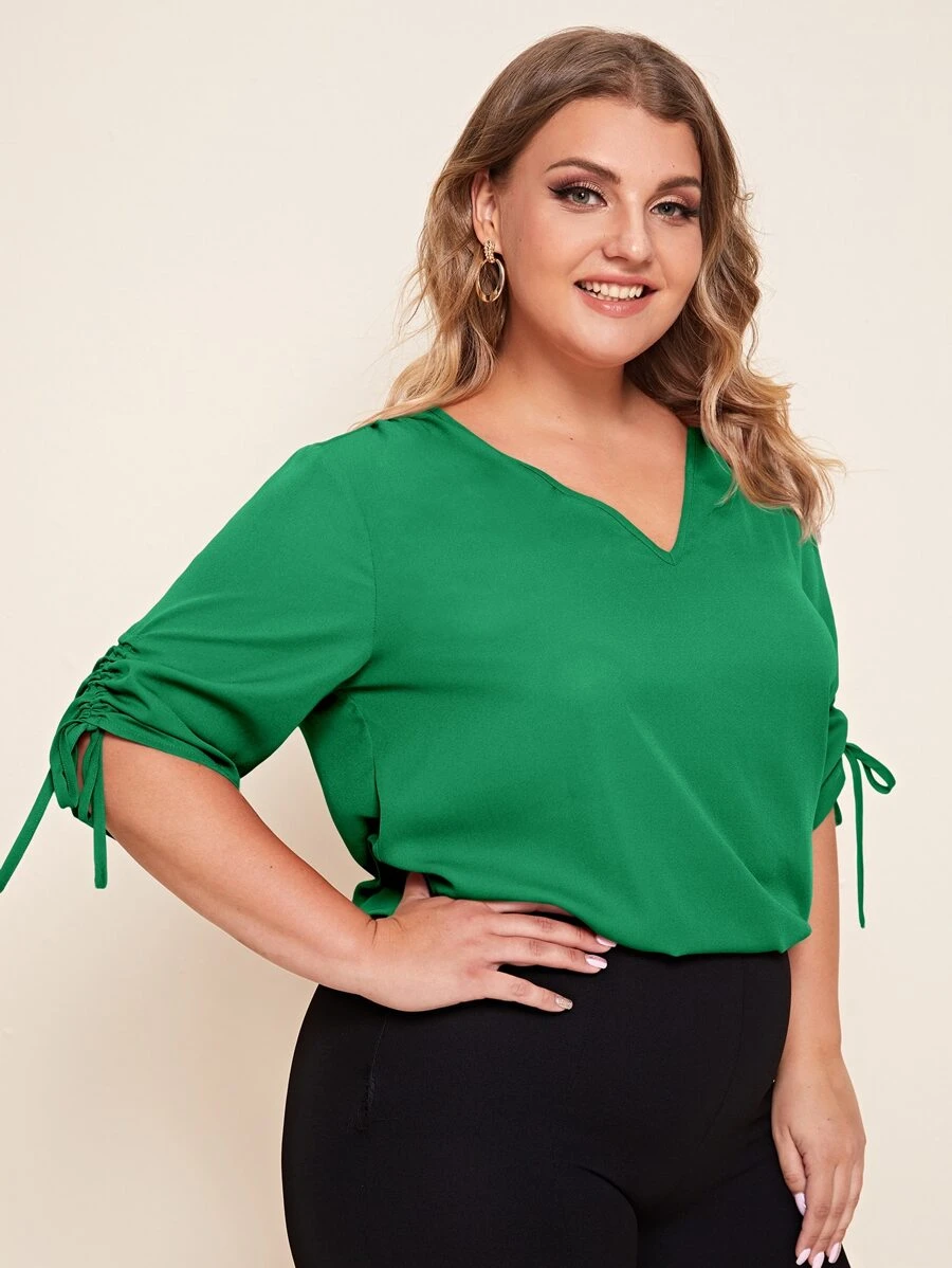 EMERY ROSE Plus V-neck Drawstring Ruched Sleeve Top - Green - View 1