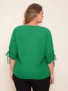 EMERY ROSE Plus V-neck Drawstring Ruched Sleeve Top - Green - View 2