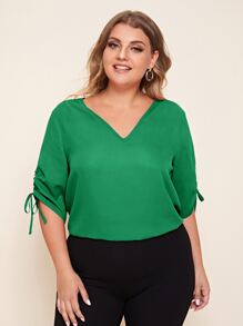 EMERY ROSE Plus V-neck Drawstring Ruched Sleeve Top - Green - View 4