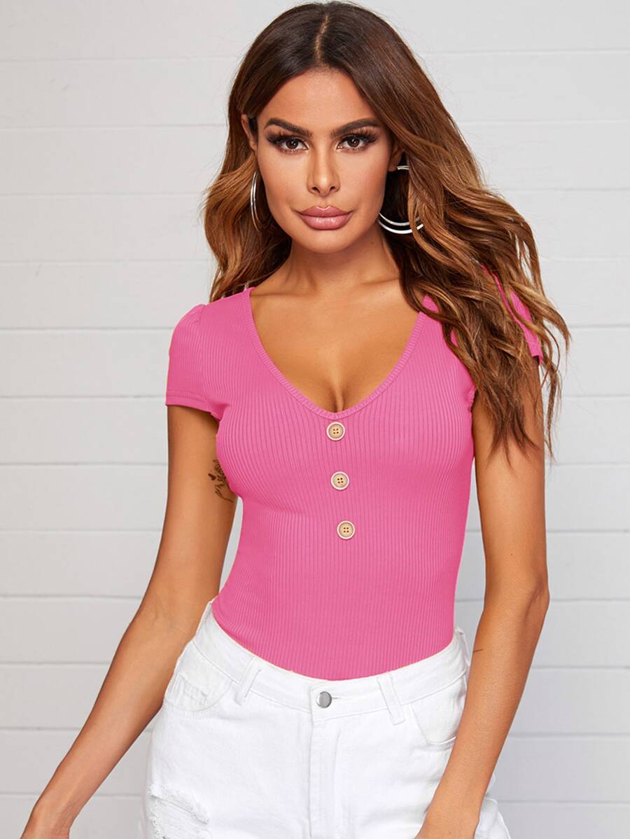 SHEIN LUNE V-Neck Button Front Rib-knit Top - Pink - View 1