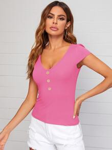SHEIN LUNE V-Neck Button Front Rib-knit Top - Pink - View 3