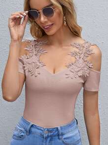 SHEIN Clasi Áo thun nữ Tương phản ren màu trơn Giải trí - Bụi hồng - Xem 1