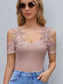 SHEIN Clasi Áo thun nữ Tương phản ren màu trơn Giải trí - Bụi hồng - Xem 5