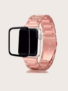 2pcs Screen Protector & Stainless Steel Watchband Compatible With Apple Watch - Pink - View 1