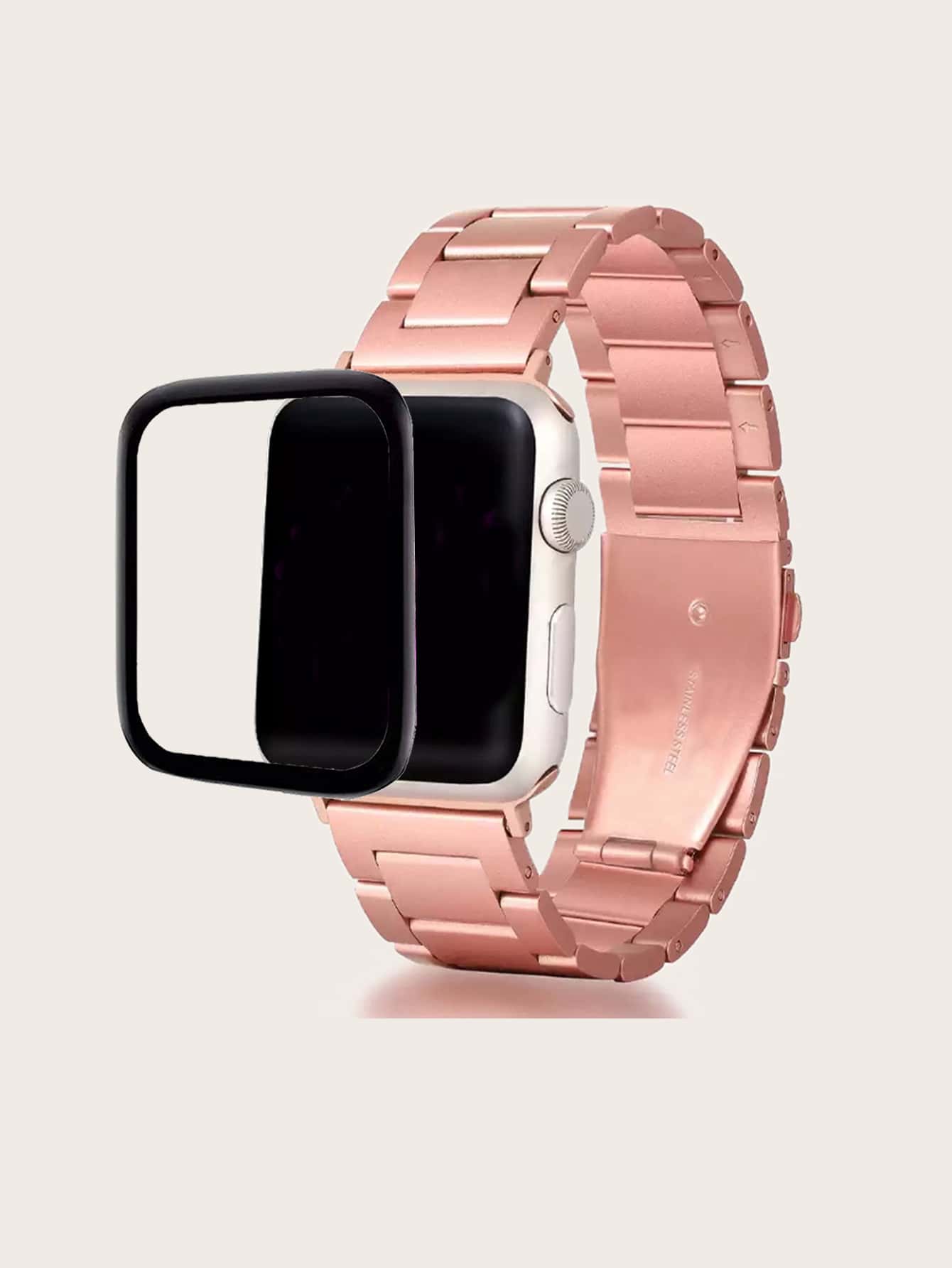 2pcs Screen Protector & Stainless Steel Watchband Compatible With Apple Watch - Pink - View 1