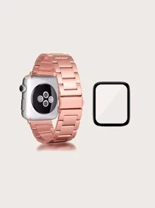 2pcs Screen Protector & Stainless Steel Watchband Compatible With Apple Watch - Pink - View 2