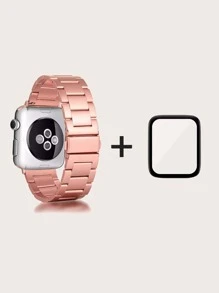 2pcs Screen Protector & Stainless Steel Watchband Compatible With Apple Watch - Pink - View 5