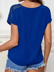 SHEIN Clasi Contrast Lace Notched Neck Dolman Sleeve Blouse - Blue - View 2