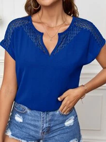 SHEIN Clasi Contrast Lace Notched Neck Dolman Sleeve Blouse - Blue - View 4
