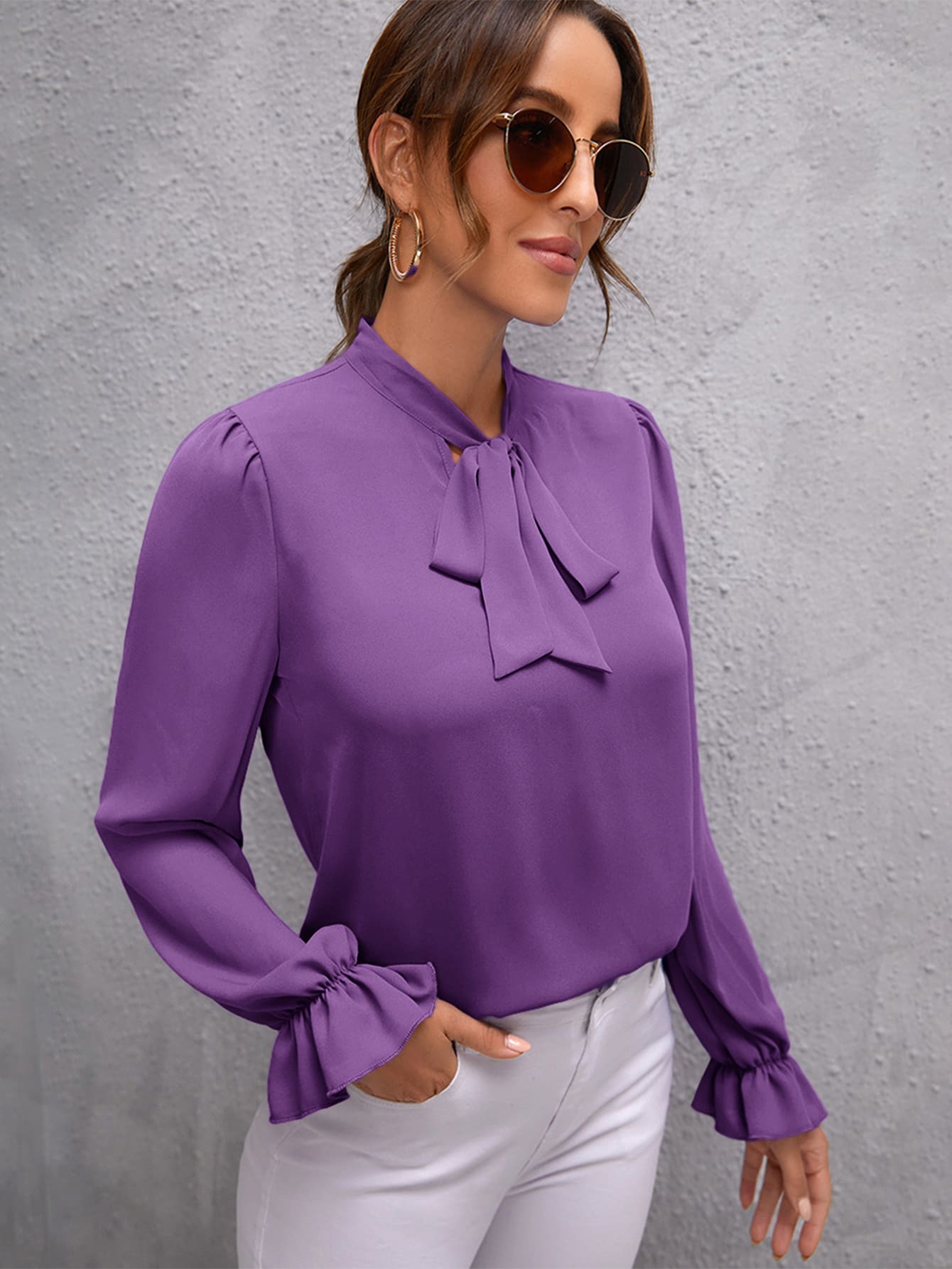 SHEIN Clasi Blusa unicolor con cordón delantero - Morado - Ver 1