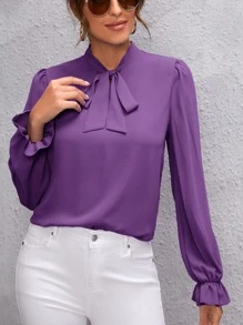 SHEIN Clasi Blusa unicolor con cordón delantero - Morado - Ver 3
