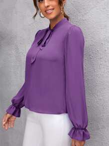 SHEIN Clasi Blusa unicolor con cordón delantero - Morado - Ver 4