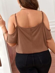 SHEIN LUNE Plus Solid Cold Shoulder Tee - Camel - View 6