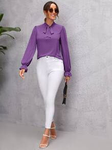 SHEIN Clasi Blusa unicolor con cordón delantero - Morado - Ver 5
