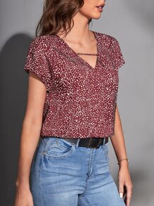 SHEIN Clasi Cutout V-neck Dalmatian Top - Maroon - View 3