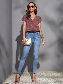 SHEIN Clasi Cutout V-neck Dalmatian Top - Maroon - View 4