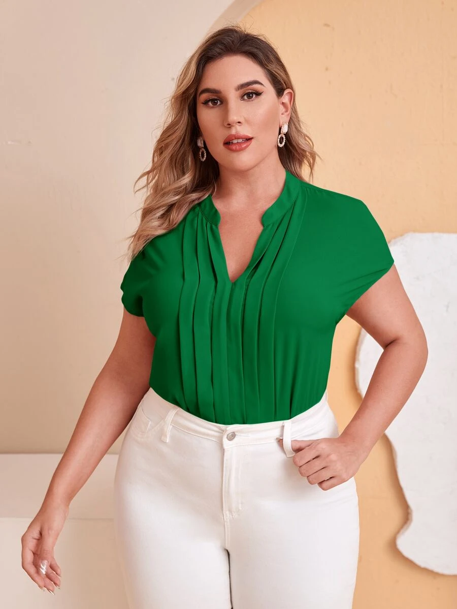 SHEIN Clasi Plus Notch Neck Batwing Sleeve Pleated Top - Green - View 1